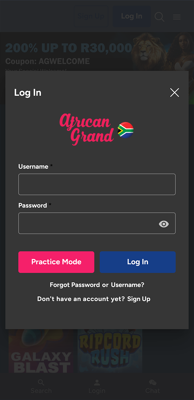 African Grand Casino personal account login page