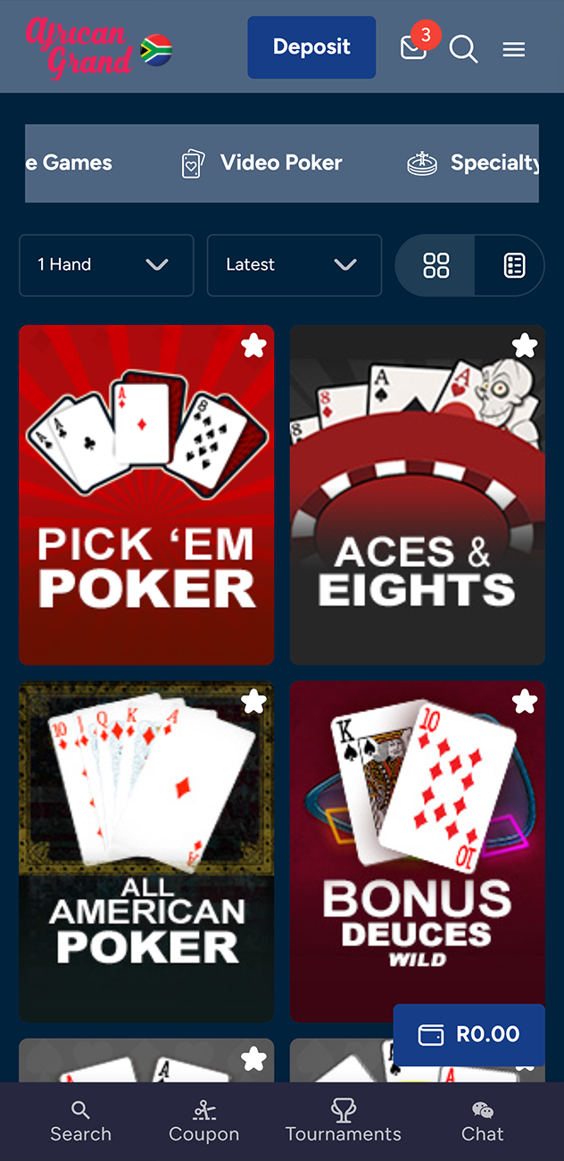 Video Poker section of the African Grand Casino app