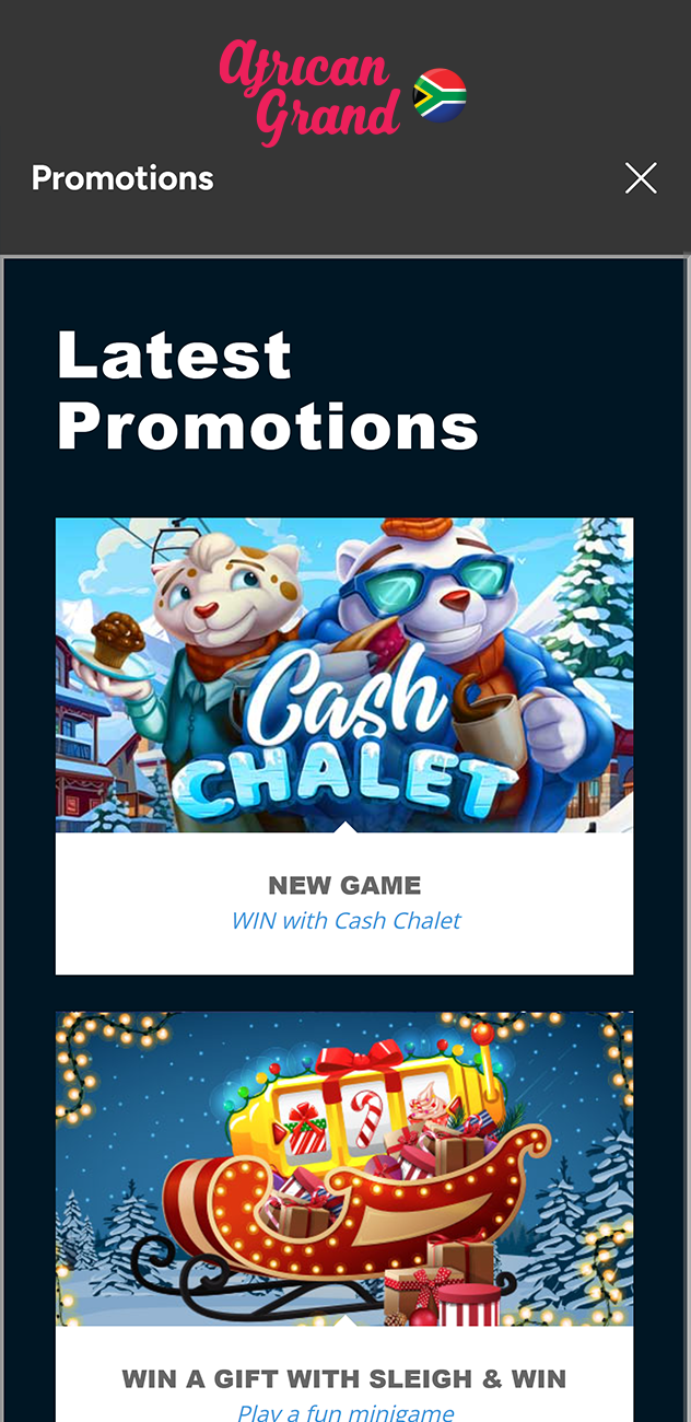 Promotions section in the African Grand Casino app